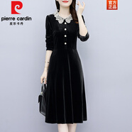 皮爾卡丹（pierre cardin）貴夫人金絲絨長袖連衣裙女秋季2025新款氣質(zhì)高端女士洋氣收腰裙子 黑色 L
