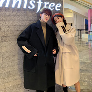 HOUQIYE毛呢大衣男秋冬新款男女韓版寬松加厚中長款過膝情侶呢子風(fēng)衣外套 F216白色 L （120-140斤）