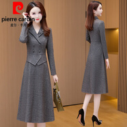 皮爾卡丹（pierre cardin）西裝連衣裙女2024新款春秋長(zhǎng)袖大氣正式場(chǎng)合十三行假套裝裝針織 灰色中老年洋氣早秋穿搭套裝初秋 L 【適合106-115斤】