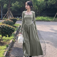 窈欣秋季赫本風(fēng)黑色連衣裙女2024新款套裝早秋長裙子小個(gè)子高級(jí)感秋裝 灰綠色方領(lǐng) M
