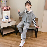 AN網(wǎng)紅女童裝秋冬季套裝加絨加厚2022年新款中大童女裝春秋款季運動女孩洋氣連帽三件套 深灰色（三件套） 160碼建議10-12歲(身高150-160cm)