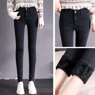 獅子聰加絨牛仔褲女冬季韓版高腰黑色彈力帶絨保暖小腳褲 黑色加絨(長(cháng)褲) 27（腰圍2尺）