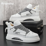 Rogosky香港潮牌男鞋2022新款中幫小白鞋小眾氣墊厚底內(nèi)增高休閑板鞋青年 白黑色（增高款） 38（皮鞋碼）