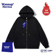 WASSUP HERMU官方潮流連帽衛(wèi)衣男春秋季運動休閑情侶套裝大碼外套潮牌長袖開衫 加絨加厚-黑色 L（建議110-130斤）