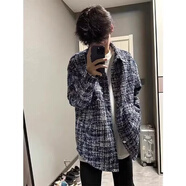 唐號(hào)小香風(fēng)格子編織襯衫外套男寬松撞色刺繡秋款情侶高級(jí)感男士上衣潮 藍(lán)色外套【單件也送項(xiàng)鏈】 XL