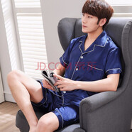 瓊瑛睡衣女春夏冰絲睡衣男女情侶短袖夏季家居服套裝薄款夏季睡衣 短袖短褲男藏青 XXL