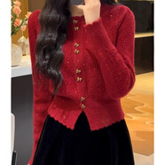 真即小香風(fēng)紅色針織衫開(kāi)衫毛衣外套早秋裝女2025年新款女常規(guī)款秋季上 紅色 均碼