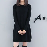 VJWK 適合胖人穿的衣服加肥加肥婆秋冬裝加肥加大碼女裝秋冬新款寬松圓領(lǐng)毛衣女胖mm中長款打底針織衫 黑色【不加絨】 S【建議85-95斤】
