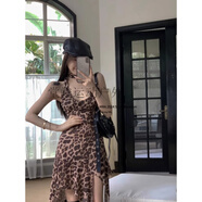 堂峻辣妹豹紋不規(guī)則掛脖吊帶連衣裙女裝夏季新款修身收腰A字中長裙子 豹紋掛脖裙 M