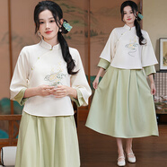 妖妮旗袍漢服女成人年輕日常2025秋裝長(cháng)袖新中式國風(fēng)繡花兩件套8209 杏上衣+671綠色半身裙 厚款 L (建議體重110-120斤）