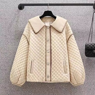 FZMF菱形格娃娃領(lǐng)棉衣棉服女2022秋冬新款設計感小眾薄棉襖短外套夾棉 杏色 XL