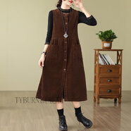 TYBURN英子文藝芯絨背帶裙大.碼背心裙秋冬寬松連衣裙 卡其色 3XL  (建議155-165斤