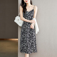 歌米拉（Gemila）吊帶裙背心無(wú)袖碎花連衣裙女長(cháng)款夏季新款小眾設計感外穿 黑色 XL