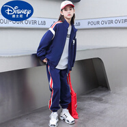 迪士尼（Disney）胖女童秋裝兒童加肥加大運動(dòng)套裝偏胖女孩初中學(xué)生棒球服大碼童裝 藏青色 140--建議60-80斤