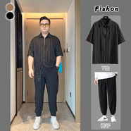 普戈斯胖哥5XL肥佬純色短袖T恤男加肥加大碼青年潮胖子寬松翻領(lǐng)體日系 套裝T2005黑色+黑色褲子 4XL  200-220斤