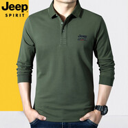 JEEP SPIRIT吉普休閑長袖t恤男商務簡約寬松棉質體恤衫POLO翻領打底上衣5132 PS5132綠色 M碼建議120-140斤穿著