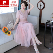 皮爾卡丹（pierre cardin）法式雪紡連衣裙女夏2023年新款夏天氣質(zhì)修身仙女超仙網(wǎng)紗真絲長裙 杏粉 2XL