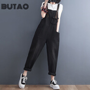 BUTAO女裝牛仔背帶褲女小個(gè)子新款春秋韓版寬松減齡顯瘦吊帶連體褲 黑色 L 【建議115-135斤】