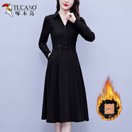 啄木鳥韓版大碼秋冬洋氣長袖冬天連衣裙女中長款氣質(zhì)收腰顯瘦減齡裙子女 5177-黑色-加絨 有口袋 XL 建議【115-125】