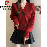 皮爾卡丹（pierre cardin）小香風(fēng)V領(lǐng)針織開衫外套女秋冬款寬松顯瘦燈籠袖上衣加厚短款毛衣 大紅色 均碼 80-140斤可穿
