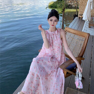 微愛(ài)的小松鼠（weiaidexiaosongshu）法式粉色碎花無(wú)袖掛脖連衣裙女夏季2023新款寬松氣質(zhì)海邊度假長(cháng)裙 粉紅色 M