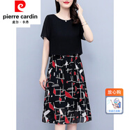 皮爾卡丹（pierre cardin）女裝2022夏天新款闊太太中年年輕女士洋氣假兩件裝雪紡碎花連 0858款 2XL【128-142斤】
