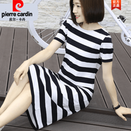 皮爾卡丹輕奢高端女裝 2022一步裙女長裙夏裝短袖條紋圓領(lǐng)打底裙子連衣裙長款寬松包臀裙針織 黑白 L