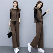 仕美綺秋季休閑褲女裝套裝2024春秋裝新款闊腿褲三件裝休閑韓版時(shí)尚褲子 咖啡色（三件裝） S