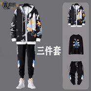 鑫格朗衛衣套裝男生春秋寬松運動(dòng)套裝2025新款休閑外套上衣青少年三件套 [整套]小熊黑色外套+黑色內搭+ M