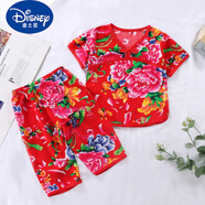 迪士尼（DISNEY）東北大花嬰兒服人造棉寶寶衣服吊帶背心棉綢睡衣分體套裝夏裝薄款 七分褲套裝紅色 縮水建議大兩碼拍 150 cm