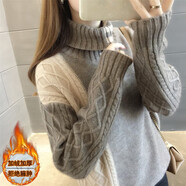 宜惜綺高領(lǐng)毛衣女加絨加厚打底衫秋冬季新款女士寬松可外穿毛針織衫上衣 咖加杏（加絨） 均碼