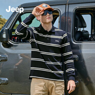 吉普（JEEP）長(zhǎng)袖polo體恤衫男春秋2025新款商務(wù)休閑刺繡logo翻領(lǐng)條紋上衣 暮光藍(lán) L（130-145斤）