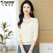 啄木鳥2025春秋新款仿羊毛衫女時(shí)尚顯瘦針織打底衫圓領(lǐng)高端毛衣上衣 米白2024 XL 建議115-125斤