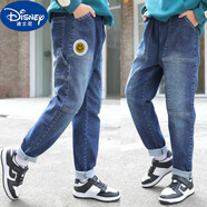 迪士尼（Disney）童裝男童彈力牛仔褲春秋新款2024小中大童韓版修身小腳褲兒童長(zhǎng)褲 笑臉多袋褲 藍(lán)色不掉色 140 參考身高135-140