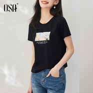 歐莎（OSA）T恤女士夏季新款衣服短袖印花上衣體恤修身潮清爽冰瓷棉感 黑色 L