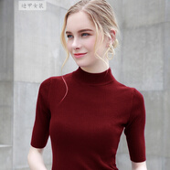 毛衣女2019春秋新款半高領(lǐng)中袖針織衫女歐美套頭五分袖修身緊身打底衫薄 酒紅色 S