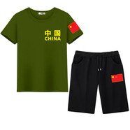 斐升 套裝/上衣軍迷休閑套裝夏季短袖T恤大碼中國大碼運動(dòng)套裝 綠中國短袖+黑短褲【套裝】 L100-110斤