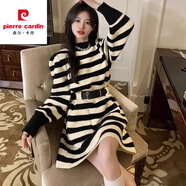 皮爾卡丹小個子收腰網紅韓版別致加厚針織連衣裙秋冬打底內搭毛衣裙子 黑白條 L