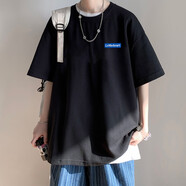 Jazky純棉短袖t恤男潮牌潮流百搭ins寬松夏季新款男生青少年半袖體恤 黑色 L
