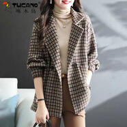 啄木鳥(niǎo)時(shí)尚翻領(lǐng)寬松口袋格子毛呢外套女2025春秋新款設(shè)計(jì)感小眾短款上衣 圖片色 夾棉款秋冬 M 90-110斤