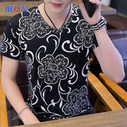 之檣短袖T恤男修身V領(lǐng)五彩花色印花薄體恤潮流衣服夏季男夏天 青花瓷 035 M