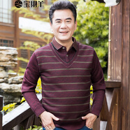 寶財羊爸爸裝春秋季長袖t恤男假兩件中老年人寬松條紋針織衫爺爺上衣服