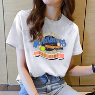 妃麗慕尚（FEILIMUSHANG）純棉正肩短袖t恤女夏季2025新款韓版洋氣印花寬松減齡學(xué)生上衣潮 90115白色 L