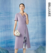 粉藍衣櫥氣質(zhì)原創(chuàng  )設計壓褶拼接西裝裙女夏短袖喜婆婆輕禮服連衣裙532L507 云霧紫 L