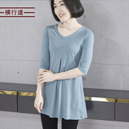 橫行道2026新款中袖V領(lǐng)中長(cháng)款包臀打底衫純色七分袖上衣服韓版女T恤 天蘭 4XL