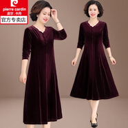 皮爾卡丹（pierre cardin）媽媽春秋裝連衣裙新款40歲50中年女金絲絨長(cháng)袖裙子中老年人打底裙 棗紅色 5XL 建議151-170斤