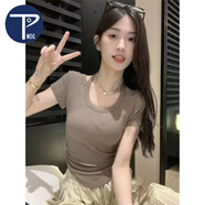 PMOG半截細(xì)吊帶短袖t恤女夏內(nèi)搭外穿性感短款美背打底上衣體恤潮 咖色 S