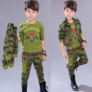 標點(diǎn)熊韓版兒童迷彩服洋氣男童三件套裝帥氣中大童衛衣服小童休閑春秋裝 五星槍迷彩三件套【淺綠】 140碼 建議身高125-135cm