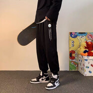 爵少休閑褲春夏季男生褲子潮流百搭寬松運動(dòng)男褲束腳卡通印花衛哈倫褲 Y77 黑色 XL