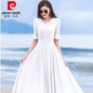 皮爾卡丹（pierre cardin）紅色裙子2024女夏新款小個(gè)子長(zhǎng)款大擺雪紡連衣裙仙氣質(zhì)沙灘長(zhǎng)裙 白色連衣裙%7E五分袖 3XL:建議135-145斤